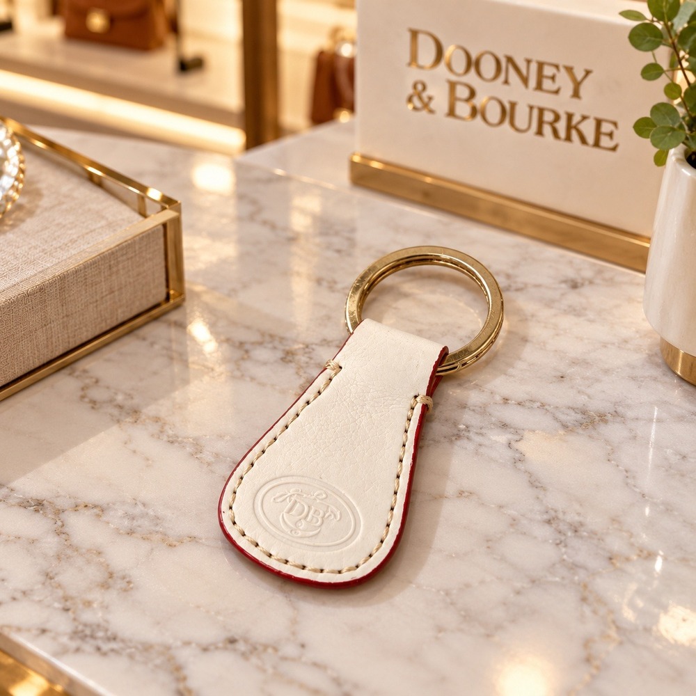 Dooney & Bourke White Leather Key Fob Red Trim Gold Tone Key Ring Logo Embossed